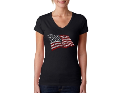 LA Pop Art Women's Word Art V-Neck T-Shirt - American Wars Tribute Flag