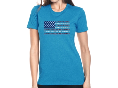 LA Pop Art Women's Premium Blend Word Art T-shirt- Land of the Free American Flag, Small, Turquoise