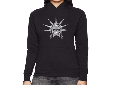 LA Pop Art Women's Word Art Hooded Sweatshirt - Freedom Skull, Large, Black