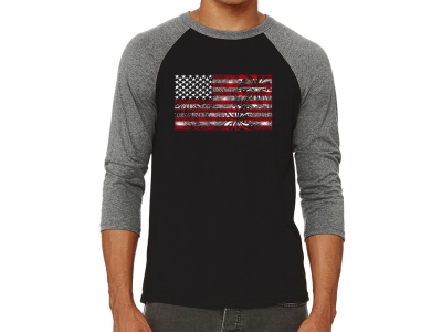 LA Pop Art Men's Raglan Baseball Word Art T-shirt - Fireworks American Flag, Small, Grey