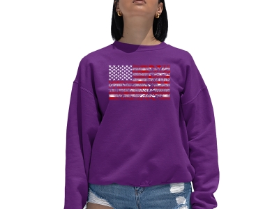 LA Pop Art Women's Word Art Crewneck Sweatshirt - Fireworks American Flag, Large, Purple