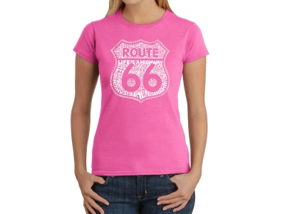 LA Pop Art Women's Word Art T-Shirt - Route 66 - Life is a Highway, XXL, Pink