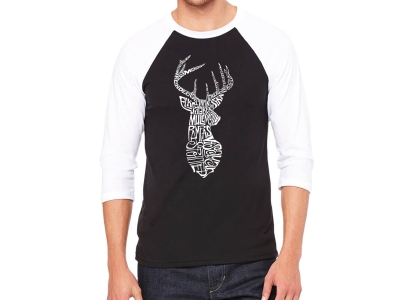LA Pop Art Men's Raglan Baseball Word Art T-shirt - Types of Deer, Medium, Black/White