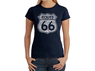 LA Pop Art Women's Word Art T-Shirt - Route 66 - Life is a Highway, Medium, Navy Blue