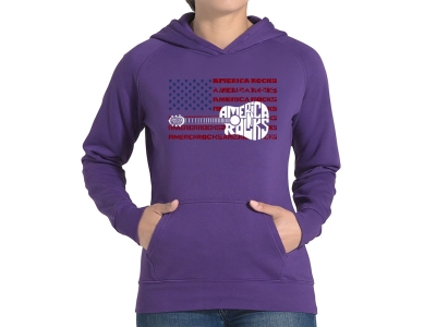 LA Pop Art America Rocks - Women's Word Art Hooded Sweatshirt, Large, Purple