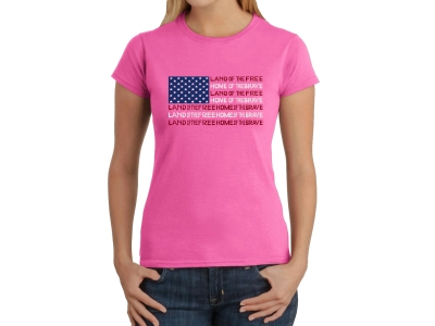 LA Pop Art Women's Word Art T-Shirt - Land of the Free American Flag, XXL, Pink
