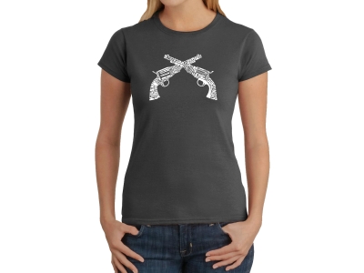 LA Pop Art Women's Word Art T-Shirt - CROSSED PISTOLS, Medium, Grey