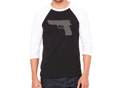 LA Pop Art Men's Raglan Baseball Word Art T-shirt - RIGHT TO BEAR ARMS, Small, Black/White