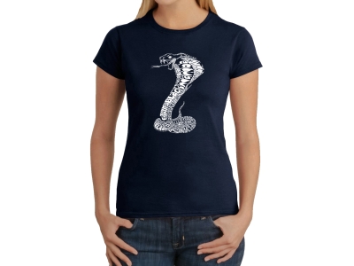 LA Pop Art Women's Word Art T-Shirt - Types of Snakes, Medium, Navy Blue