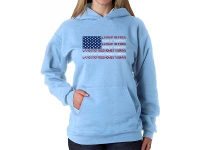 LA Pop Art Women's Word Art Hooded Sweatshirt - Land of the Free American Flag, Medium, Blue