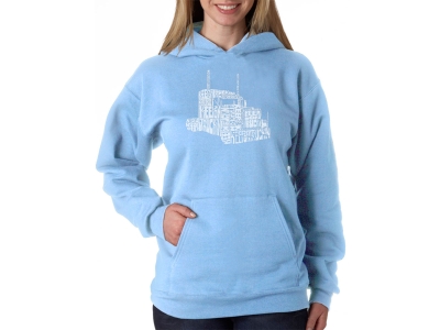 LA Pop Art Women's Word Art Hooded Sweatshirt -KEEP ON TRUCKIN', Small, Blue