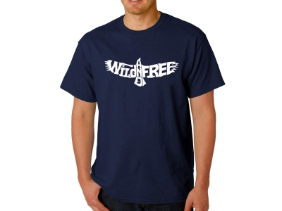 LA Pop Art Men's Word Art T-shirt - Wild and Free Eagle, XXL, Navy Blue