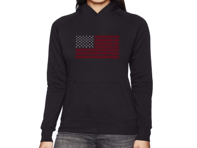 LA Pop Art Women's Word Art Hooded Sweatshirt - USA Flag, Extra Large, Black