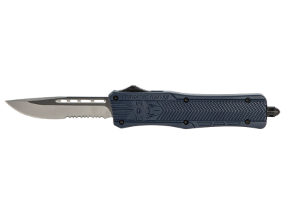 CobraTec 3" D2 OTF Drop Point Serrated Knife NYPD Blue Aluminum Handle