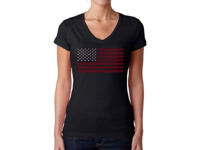 LA Pop Art Proud To Be An American - Women's Word Art V-Neck T-Shirt, Medium, Black