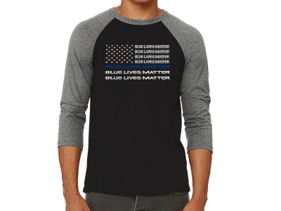LA Pop Art Men's Raglan Baseball Word Art T-shirt - Blue Lives Matter, XXXL, Grey