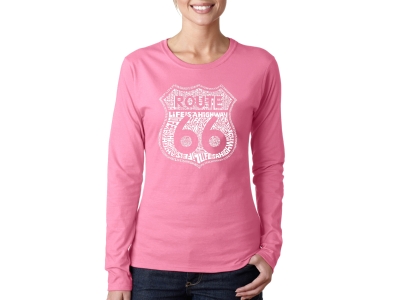 LA Pop Art Women's Word Art Long Sleeve T-Shirt - Route 66 - Life is a Highway, Small, Pink