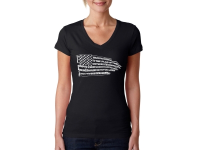 LA Pop Art Women's Word Art V-Neck T-Shirt - Pledge of Allegiance Flag, Large, Black