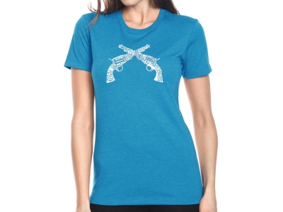 LA Pop Art Women's Premium Blend Word Art T-shirt - CROSSED PISTOLS, Large, Turquoise