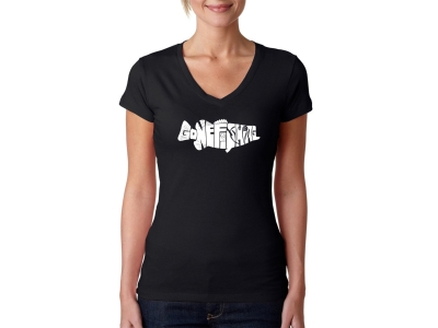 LA Pop Art Women's Word Art V-Neck T-Shirt - Bass - Gone Fishing, Extra Large, Black
