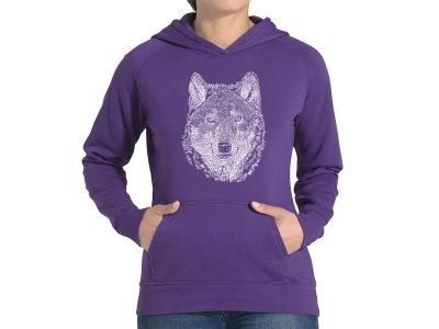 LA Pop Art Women's Word Art Hooded Sweatshirt -Wolf, Small, Purple