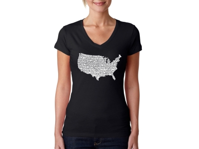 LA Pop Art Women's Word Art V-Neck T-Shirt - THE STAR SPANGLED BANNER, Large, Black