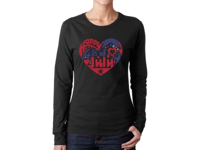 LA Pop Art Women's Word Art Long Sleeve T-Shirt - July 4th Heart, Small, Black