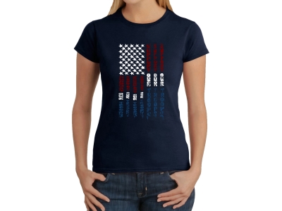 LA Pop Art Women's Word Art T-Shirt - Support our Troops, Small, Navy Blue