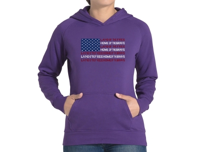LA Pop Art Women's Word Art Hooded Sweatshirt - Land of the Free American Flag, Small, Purple