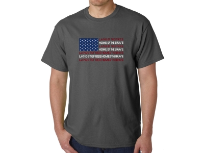 LA Pop Art Men's Word Art T-shirt - Land of the Free American Flag, 4XL, Grey