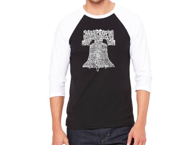 LA Pop Art Men's Raglan Baseball Word Art T-shirt - Liberty Bell, Small, Black/White