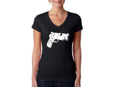 LA Pop Art Women's Word Art V-Neck T-Shirt - BROOKLYN GUN, XXL, Black