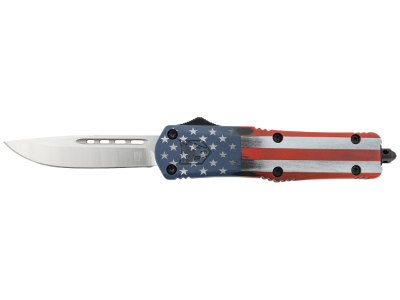 CobraTec 3" D2 OTF Drop Point Knife Satin Blade US Flag Aluminum Handle