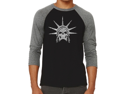LA Pop Art Men's Raglan Baseball Word Art T-shirt - Freedom Skull, Extra Large, Grey