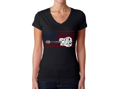 LA Pop Art America Rocks - Women's Word Art V-Neck T-Shirt, Large, Black