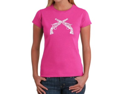 LA Pop Art Women's Word Art T-Shirt - CROSSED PISTOLS, Small, Pink