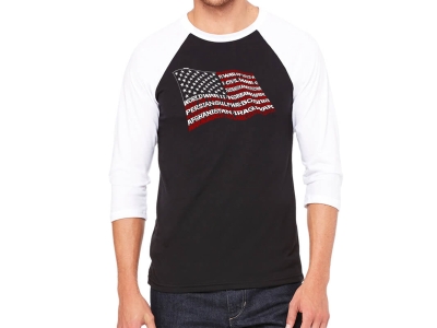 LA Pop Art Men's Raglan Baseball Word Art T-shirt - American Wars Tribute Flag, Extra Large, Black/White