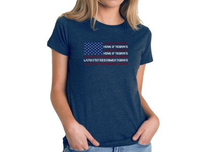 LA Pop Art Women's Premium Blend Word Art T-shirt- Land of the Free American Flag, Small, Navy Blue