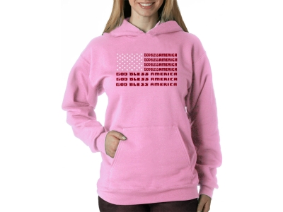 LA Pop Art Women's Word Art Hooded Sweatshirt -God Bless America, XXXL, Pink
