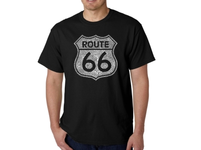 LA Pop Art Men's Word Art T-shirt - Cities Along Route 66, Extra Large, Black