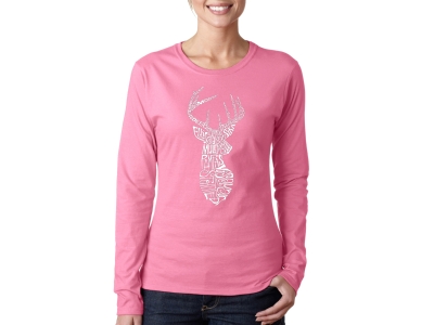 LA Pop Art Women's Word Art Long Sleeve T-Shirt - Types of Deer, Medium, Pink