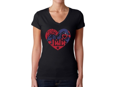 LA Pop Art Women's Word Art V-Neck T-Shirt - July 4th Heart, Medium, Black