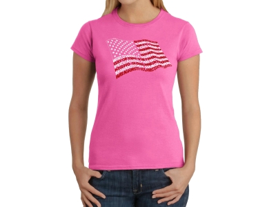 LA Pop Art Women's Word Art T-Shirt - American Wars Tribute Flag, Medium, Pink