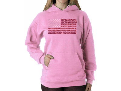 LA Pop Art Proud To Be An American - Women's Word Art Hooded Sweatshirt, Medium, Pink