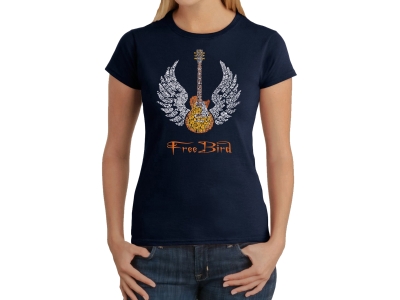 LA Pop Art Women's Word Art T-Shirt - LYRICS TO FREEBIRD, Extra Small, Navy Blue