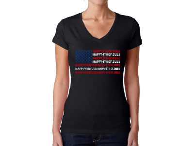 LA Pop Art Happy 4th of July - Women's Word Art V-Neck T-Shirt, Large, Black
