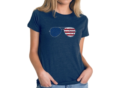 LA Pop Art Americana Sunglasses - Women's Premium Blend Word Art T-Shirt, Large, Navy Blue