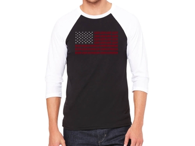 LA Pop Art Men's Raglan Baseball Word Art T-shirt - USA Flag, XXXL, Black/White
