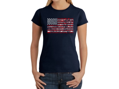 LA Pop Art Women's Word Art T-Shirt - Fireworks American Flag, Large, Navy Blue