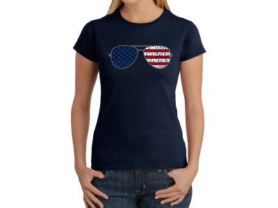 LA Pop Art Americana Sunglasses - Women's Word Art T-Shirt, Extra Small, Navy Blue